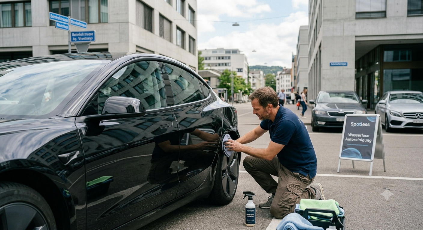 Spotless specialist detailing a black car on a city street